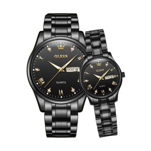 Olevs 5563 Stainless Steel Quartz Couple Wrist Watch-Black