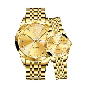 Olevs 9931 Trendy Korean Style Luminous Calendar Couple Watch - Gold